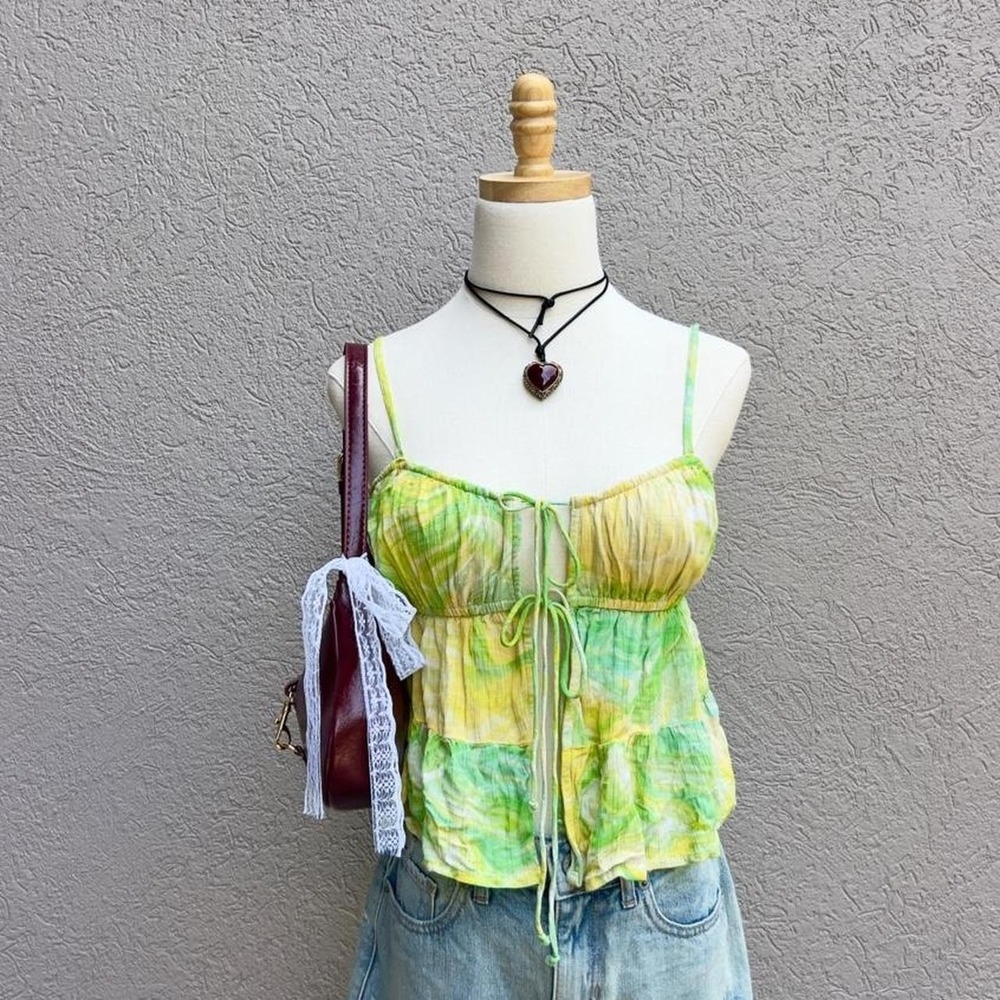 American Eagle Yellow & Green Tie Babydoll Cami Tank Top Size Small Hippie